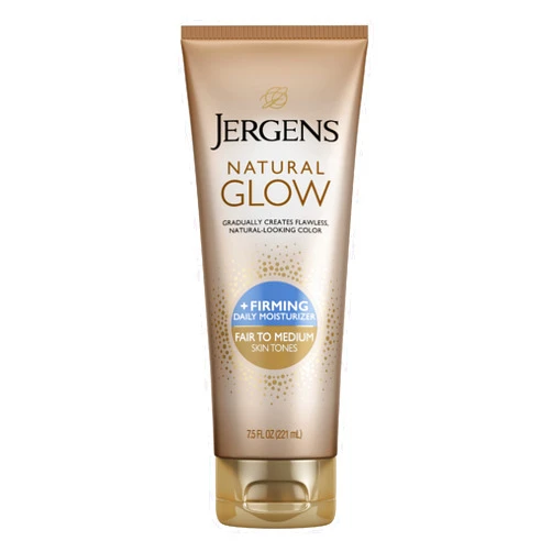 Jergens Natural Glow +FIRMING Self Tanner, Sunless Tanning Lotion for Fair to Medium Skin Tone, Anti Cellulite Firming Body Lotion for Natural-Looking Tan, 7.5 Ounce