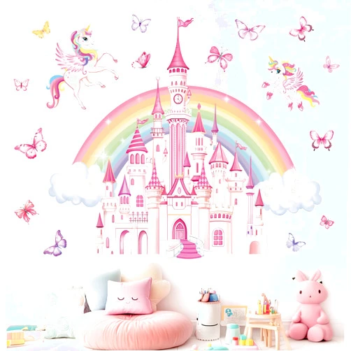 wondever Rainbow Castle Wall Stickers Fairy Tale Unicorn Butterfly Peel and Stick Wall Art Decals for Baby Nursery Girls Bedroom Toddler Room