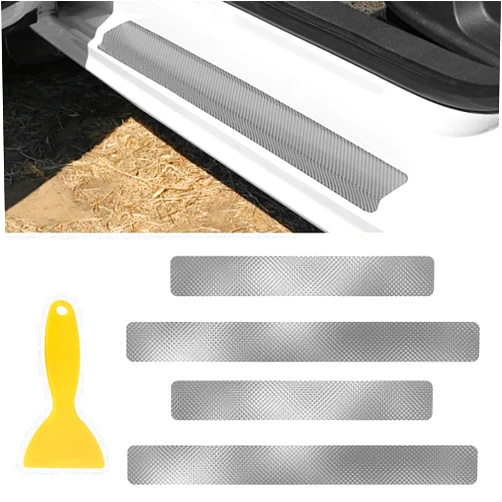 MLAHUIER 4PCS Carbon Door Sills Protector with Scraper, 3D Anti-Scratch Door Edge Entry Protection Trim for Door Edge/Front and Rear Bumper Door Threshold Protector Cover Sticker Strips(Silver)