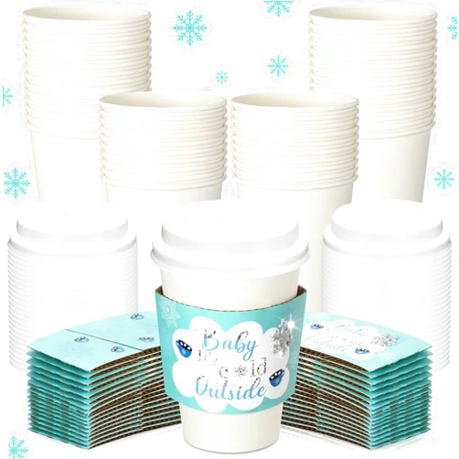 Tioncy 48 Set Baby It's Cold Outside Coffee Cups with Lid and Sleeves Winter Baby Shower Cups Disposable Coffee Paper Cup Baby Brewed Cup Sleeves for Hot Cocoa Drinks Beverage Christmas Party(Blue)