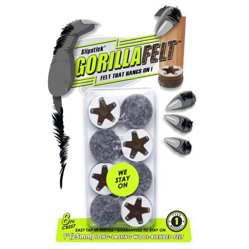 Slipstick GorillaFelt CB257 Chair Leg Floor Protectors/Felt Glides (Set of 8) Tap On Felt Furniture Pads Guaranteed to Stay On, 1 Inch Round Sliders