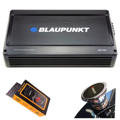BLAUPUNKT AMP1604 1600 Watts – 4 Channel 2 Ohm Stable Full Range Amplifier Boost Bass, 4/3/2 Channels, Slim Compact Amp with Gravity Magnet Phone Holder Bundle