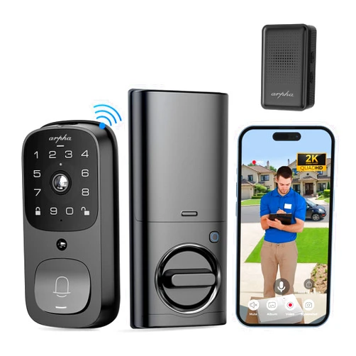 ARPHA Smart Door Lock with Video Camera - 6 in 1 Camera+Doorbell+Fingerprint Keyless Entry Door Lock, Wi-Fi Smart Locks for Front Door with 32GB SD Card, Electronic Digital Door Lock with Keypad