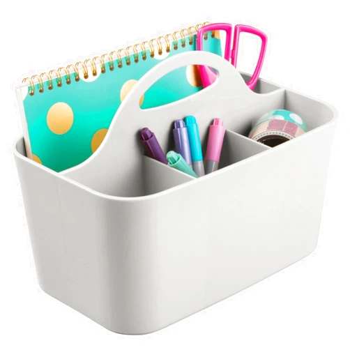 mDesign Plastic Small Office Storage Organizer Utility Tote Caddy Holder with Handle for Cabinets, Desks, Workspaces - Holds Desktop Office Supplies, Pencils, Staplers Lumiere Collection - Light Gray