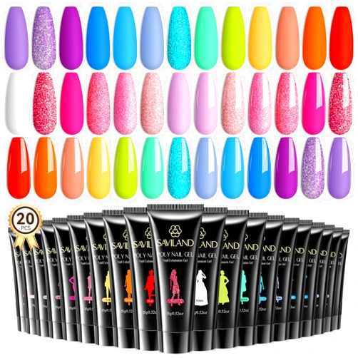 SAVILAND 20 Colors Poly Nail Extension Gel Kit Bright Rainbow Pink Purple Blue Color Collection Poly Gel Nail Kit for Daily Nail Art DIY Home Nail Salon