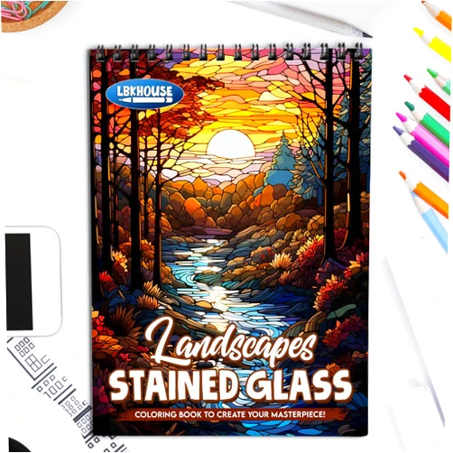 LBKHOUSE Landscapes Stained Glass Coloring Book Spiral Bound for Adults, Premium Cover, 30 Breathtaking Coloring Pages of Serene Landscapes for Stress Relief and Relaxatio