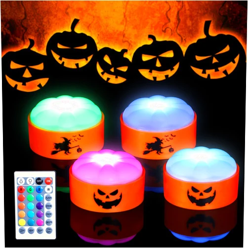 FREEPOWER 4 Pack Halloween LED Pumpkin Lights,Battery Operated Jack-O-Lantern Light with Remote16 Multi Colors Timer,Flameless Electric Candles for Halloween Holiday Decorations