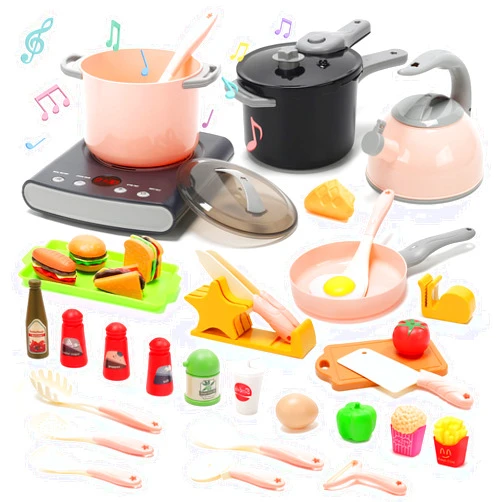 CUTE STONE Play Kitchen Accessories Set, Kids Cooking Toys Set with Play Pots and Pans, Electronic Induction Cooktop with Sound and Light, Cookware Utensils Kids Kitchen Set Kitchen Toys for Kids