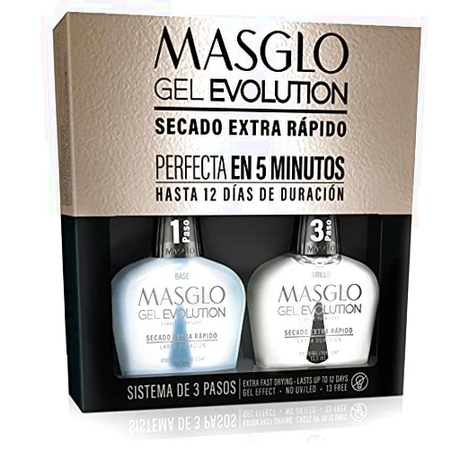 MASGLO GEL EVOLUTION Nail Polish Gel Effect, No UV/Led Lamp, Duration Up to 12 days 2 PCs (Base - Top Coat) for Manicure
