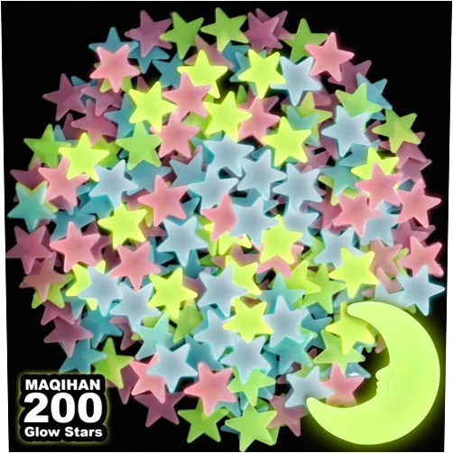 MAQIHAN 200 Glow in The Dark Stars for Ceiling - Glowing Stars and Moon Stickers Estrellas que brillan en la oscuridad para el techo de cuarto Plastic Space Galaxy Decals Bedroom Wall Decorations