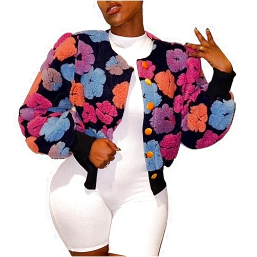 HOULENGS Women's Cropped Floral Print Fleece Bomber Jacket Casual Puff Sleeve Button Down Coats Winter Warm Outerwears