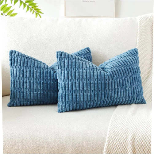 OTOSTAR Pack of 2 Soft Corduroy Decorative Throw Pillow Covers 16 x 24 Inch Boho Striped Pillow Covers Lumbar Cushion Case Couch Pillowcases for Sofa Bed Home Decor (Dusty Blue)