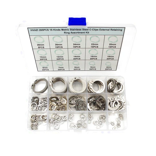 HVAZI 265PCS Metric 304 Stainless Steel C-Clips External Retaining Ring Assortment Kit