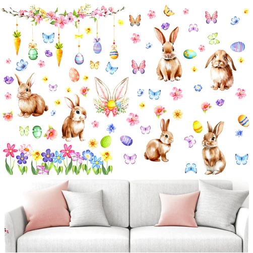 Eersida 6 Sheets 86 pcs Large Easter Wall Decals Easter Wall Stickers Bunny Eggs Branches Spring Rabbit Flower Butterfly Carrot Window Clings for Wall Home Living Room Kitchen Decor