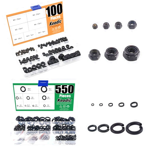 Keadic 650 Pieces Metric Black Zinc Plated Nylon Insert Lock Nuts Assortment Kit, Spring Lock Washer 9 Sizes - M2 M2.5 M3 M4 M5 M6 M8 M10 M12
