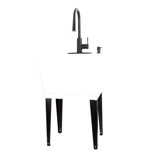 VETTA White Utility Sink Laundry Tub With High Arc Black Kitchen Faucet By VETTA - Pull Down Sprayer Spout, Heavy Duty Slop Sinks For Washing Room, Basement, Garage, or Shop, Free Standing Tubs