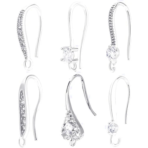 Beebeecraft 1 Box 24Pcs 6 Styles Cubic Zirconia Earring Hooks Sterling Silver Plated Brass French Ear Hooks with Loop for Jewelry Making DIY Earring Crafts