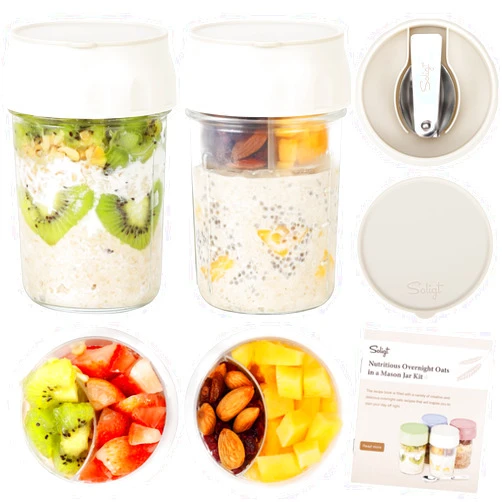 SOLIGT 2 Pack Overnight Oats Containers with Lids, Folding Spoons and Divided Compartments for Fruit & Nuts, Small Glass 16oz Mason Jars for Oatmeal Yogurt Parfait (2 Set-Oat White/Oat White)