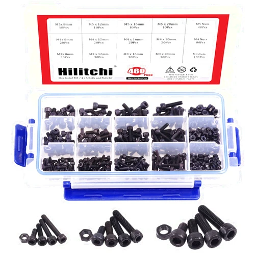 Hilitchi 460-Piece Alloy Steel Socket Cap Screws Hex Head Bolt Nuts Assortment Kit with Box, M3 M4 M5 Thread Size, Black Oxide Finish
