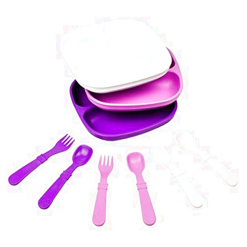 Re-Play Made in USA - 3 Meals a Day Set - 3 Divided Plates, 3 Sets of Utensils - BPA Free, Made from Environmentally Friendly Recycled Milk Jugs - Violet without Bowls
