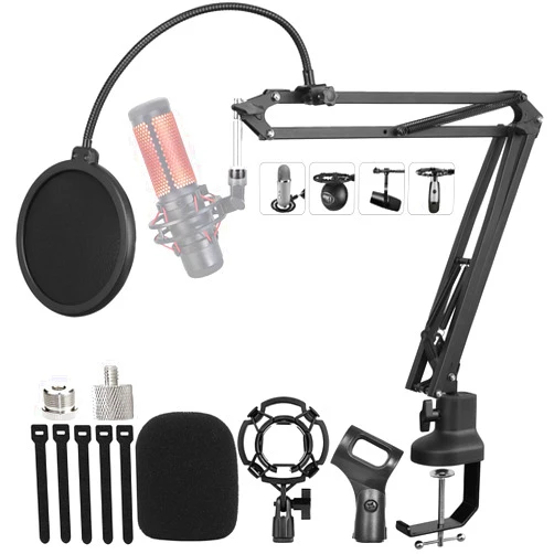 Luling Arts Boom Arm Suspension Mic Heavy Duty Microphone Arm for Blue Yeti, Hyperx Quadcast, Adjustable Boom Mic Stand Desk with Pop Filter, 1/4“-3/8“-5/8“ Adapter, Mic Mounts,Broadcast