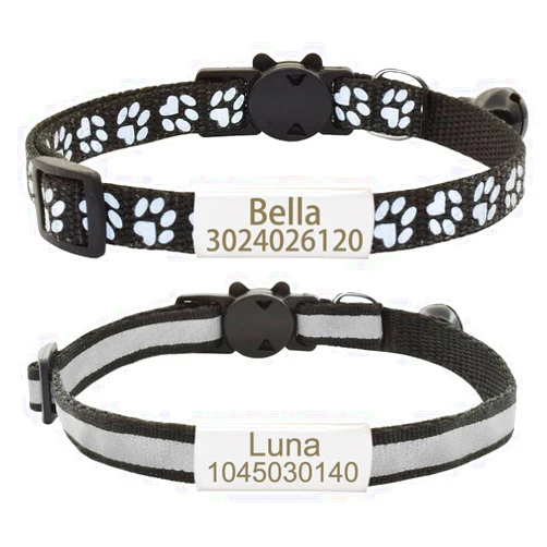 Senristar Personalized 2 Pack Reflective Cat Collar,Custom Breakaway Cat Collars with Name Tag and Bell,Anti-Lost Nameplate Cat Collar for Girls & Boys (Black,fit 8''-11.0'')