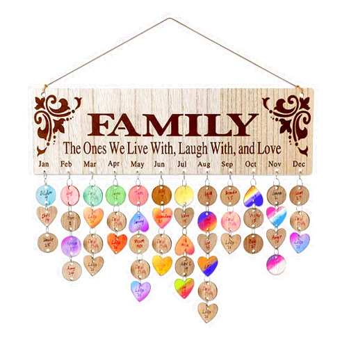 UOIXPUHUO Family Birthday Plaque with Tags (100 Pcs Heart and Disc Shape), UOIXPUHUO Birthday Calendar Wall Hanging for Mom Grandma Gift, Birthday Chart Wooden DIY for Classroom Home Decor