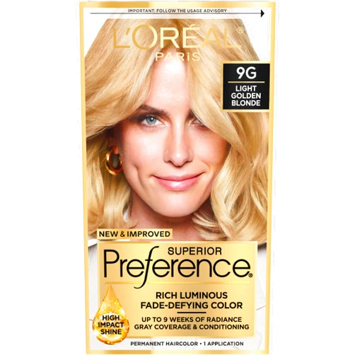 L’Oréal Paris L'Oreal Paris Superior Preference Fade-Defying + Shine Permanent Hair Color, 9G Light Golden Blonde, Pack of 1, Hair Dye
