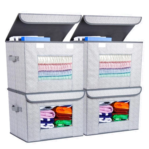 Univivi Fabric Foldable Storage Boxes [4-Pack] Large Collapsible Stackable Storage Bins with Lids, Closet Organizers and Storage Cube Basket for Home, Office, Bedroom (Gray, 17“ x 12” x 12