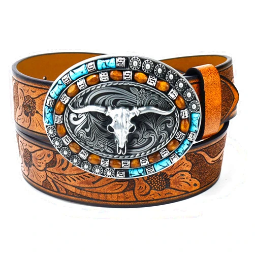 Utaly Western Cowboy Cowgirl Leather Belts - Women Men Turquoise Embossed Waist Belts With LongHorn Bull Buckles Fit 25-39”