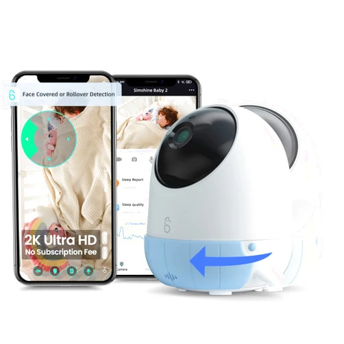 Simshine Hima Simshine Smart Baby Monitor WiFi Smartphone Face Covered Alert AI Cry Soothing Lullaby, Peace of Mind Sleep Analysis Breathing Temp Humidity, 2K UHD Split Screen Video Camera 2-Way Talk Night Vision