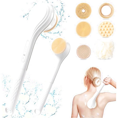 LINGSFIRE Electric Body Brush Rechargeable Back Scrubber for Shower Exfoliating Bath Brush Long Handle for Shower Lotion Applicator for Back Silicone Body Scrubber with 6 Shower Brush Heads