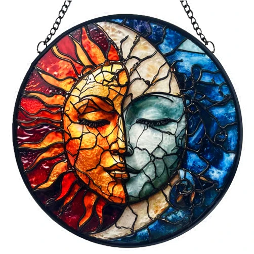 Giftway Sun and Moon Decor Suncatcher Stained Glass Window Hanging - Handmade Stained Glass Suncatchers Hanging Decoration with Metal Chain - Outdoor Garden Decor Gift for Women Christmas Thanksgiving Gifts