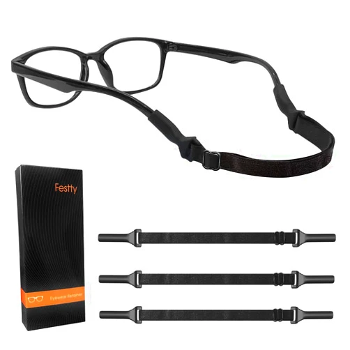 Festty Glasses Strap Sports, No-Tail Adjustable Sunglasses Strap for Kids Men Women, Eye glasses holders around neck，Eyewear lanyard，Black / 3PCS