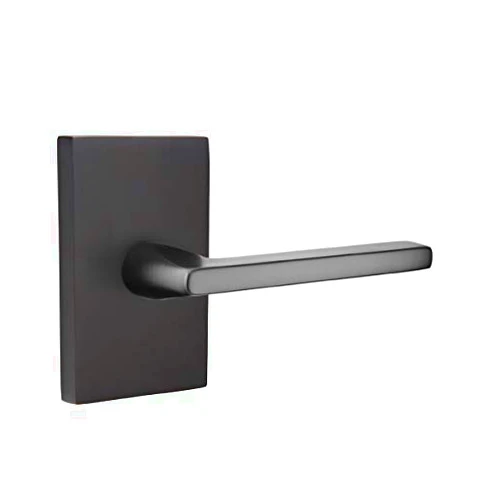 EMTEK Modern Rectangular Rosette Privacy Set with Matching Finish Helios Lever - Choice of Left/Right Handing and 7 Finishes - 5212HLORHUS19 - Right Handed (RH) - Flat Black (US19)