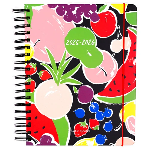 kate spade new york Daily Planner 2025-2026 Mega Agenda August 2025-December 2026, Hardcover Weekly and Monthly Spiral Planner with Stickers (Summer Fruit)