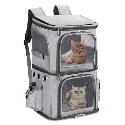 HOVONO Double-Compartment Pet Carrier Backpack for Small Cats and Dogs, Cat Travel Carrier for 2 Cats, Perfect for Traveling/Hiking/Camping, Grey