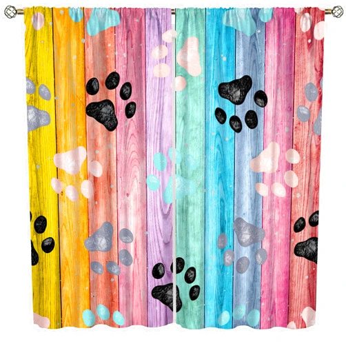 AuiMzoo Dog Paw Print Curtains, Cute Dog Paw Print Animal Print Pattern On Rustic Colored Wooden Panel, Blackout Curtains for Kids Boys Girls Bedroom Living Room,42X45 Inch