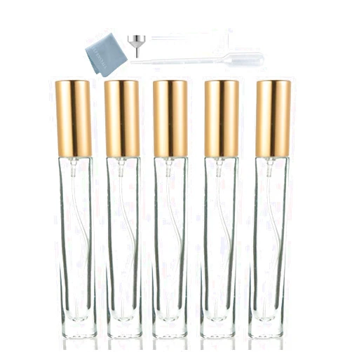Elfenstall Thick Glass 5pcs 10ml 1/3oz Gold Spray Bottle Refill Perfume Hydrating Fragrance Fine Mist Atomizer Cosmetic Container Round Tube Party Makeup Tool Travel Gift Sample