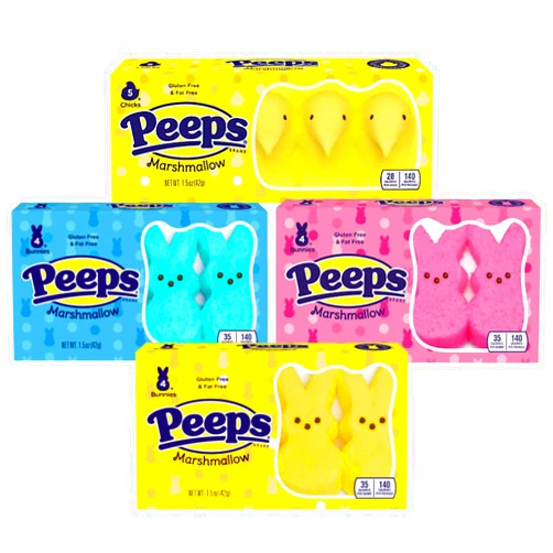 Needzo Peep Marshmallow Variety Pack Including Classic Shaped Pink, Blue, and Yellow Bunnies and Chicks for Easter Baskets (Pack of 4)