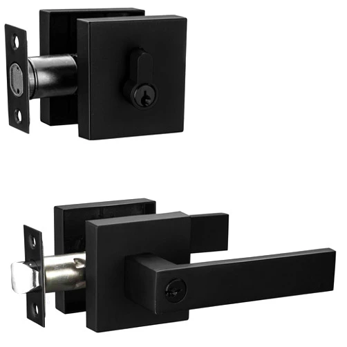 Berlin Modisch Contemporary Square Entry Lever Door Handle and Single Cylinder Deadbolt Locking Lever Handle Set [Front Door or Office] Right & Left Sided Doors Heavy Duty – Iron Black Finish