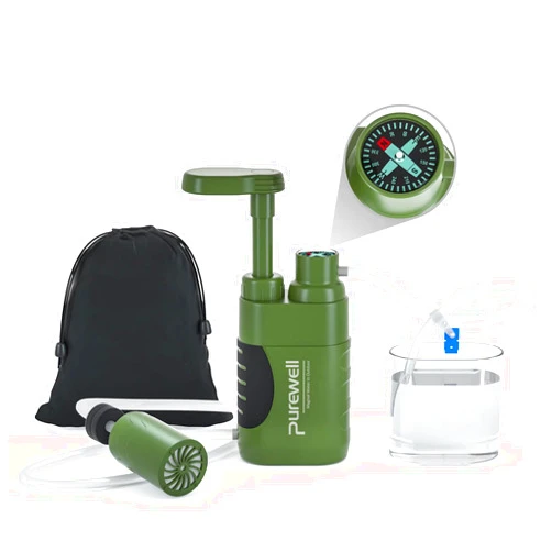 Purewell Water Purifier Pump with Replaceable Carbon 0.01 Micron Water Filter, 4 Filter Stages, Portable Outdoor Emergency and Survival Gear - Camping, Hiking, Backpacking