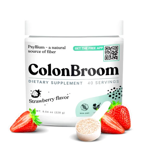 ColonBroom Psyllium Husk Powder (Strawberry) - Colon Cleanse for Bloating Relief & Gut Health - Colon Broom Fiber Powder Drink - Vegan, Gluten Free, Non-GMO Fiber Powder Supplement, 40 Servings