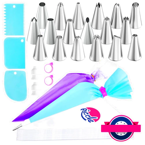 Riccle Piping Bags and Tips Set, 12 Inch 100 Anti Burst Piping Bags, Cake Decorating Kit with 18 Piping Tips, 1 Reusable Pastry Bags, 3 Cake Scrapers, 2 Couplers, and 2 Icing Bags Ties
