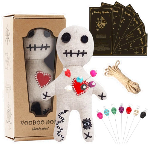 Umakeadeal Voodoo Doll Set Include Spell Cards and 7 Pcs Stress Relief Pins, Dammit Creepy Ghost Doll for Halloween Decoration Ornaments Fidget Toys Stress Relieving