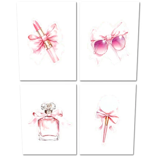 JINYO Coquette Pink Bow Lipstick Makeup Brush Sunglasses Perfume Wall Art Prints Set of 4, Preppy Girly Pink Wall Decor Posters Pictures for Girls Room Bathroom Apartment, 12x16 Unframed
