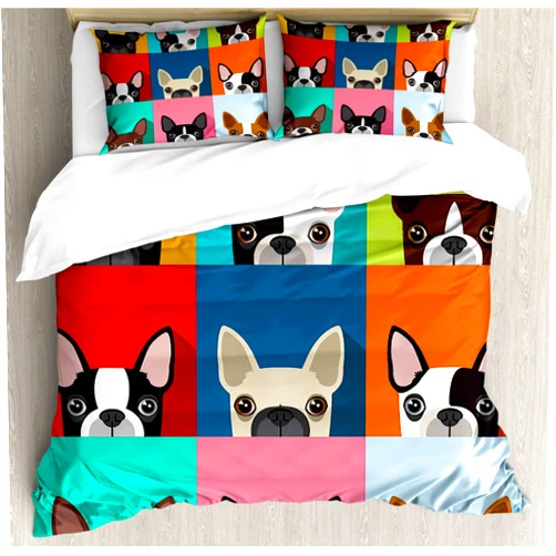 Ambesonne Boston Terrier Duvet Cover Set, Minimalist Colorful Assortment of Terrier Portraits Multiple Variations, Decorative 3 Piece Bedding Set with 2 Pillow Shams, Queen Size, Blue Red