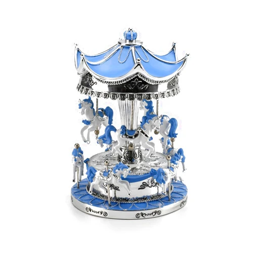 MusicBoxAttic Enchanting Silver and Blue Decorated Animated Musical Carousel-Many Songs to Choose-Auld Lang Syne