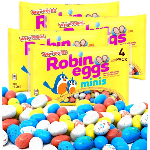 CHAIN & JO SWEETS Robin Eggs Whoppers Chocolate Candy 9oz 4 Packs - Whoppers Malted Milk Balls Easter Candy - Crisp Malted Milk Candies In Speckled Pastel Shells Have The Crunch - Easter Basket Stuffers - Whoppers Robin Eggs Malted Milk Balls Chocolate Candy Easter Candy Adults & Kids Easter Candy - Perfect for Easter Basket, Mini Speckled Pastel Shell Candies