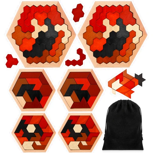Poen 6 Pack Tangram Puzzle for Kid Adults Wooden Brain Teaser Puzzle Hexagon Puzzle Blocks Toy Game Wood Geometric Jigsaw Logic IQ STEM Montessori Educational Gift(Classic)